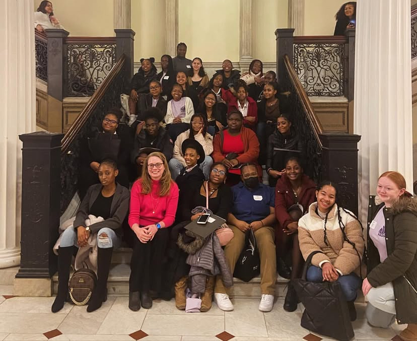 Christine Barber with a group of students at the State House